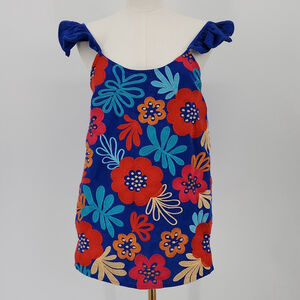 Andree Floral Embroidered Cotton Linen Tank Top Women M Ruffle Sleeve Blue